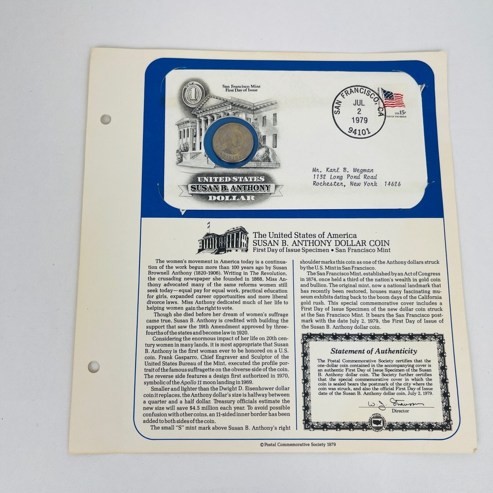 Postal Commemorative Society 1979 Susan B Anthony Dollar First Day Issue Coin Go